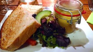 food chicken liver parfait with blackberry salad and crusty bread at the five bells inn, brabourne